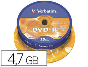 DVD-R VERBATIM CAPACIDAD 4.7GB VELOCIDAD 16X 120 MIN TARRINA