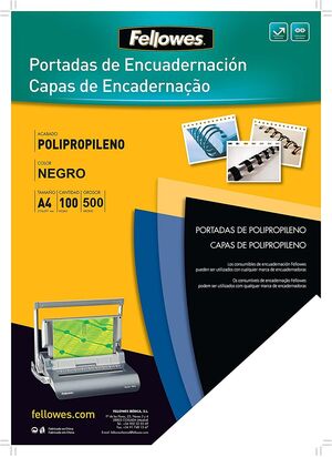FELLOWES PACK DE 100 PORTADAS DE POLIPROPILENO A4 - 500 MICRAS - ACABADO DE CALIDAD - COLOR NEGRO